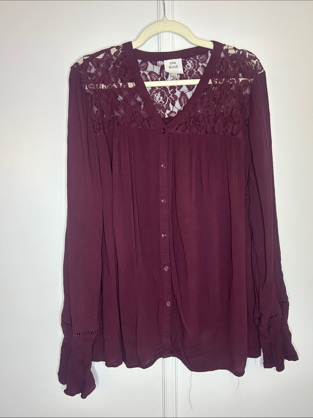 Knox Rose Burgundy Lace Boho Peasant Blouse - Picture 2 of 6